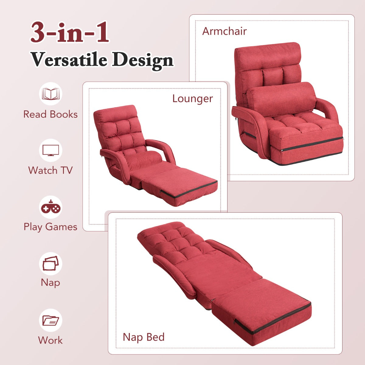 LIVSK Verstelbare Vouwbare Luierbank - 5 Hoeken - Armleuningen en Kussen - Afneembare Hoes - 150 kg - Blauw/Rood