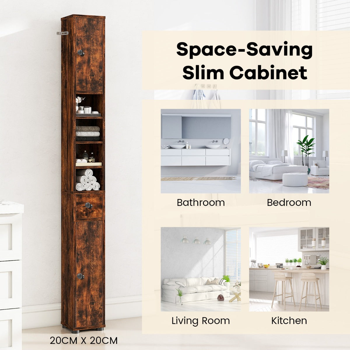 Livsk costway slanke badkamerkast met twee deuren een lade en verstelbare planken bruin 6
