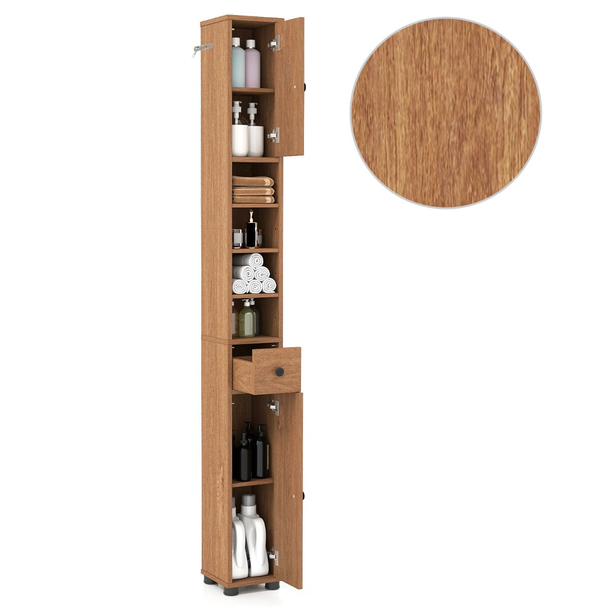 Livsk costway slanke badkamerkast met twee deuren een lade en verstelbare planken naturel