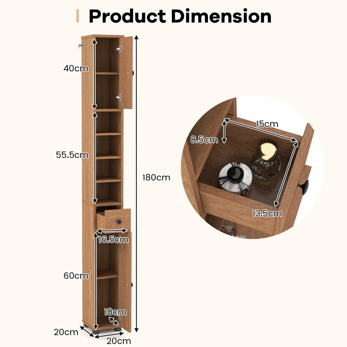 Livsk costway slanke badkamerkast met twee deuren een lade en verstelbare planken naturel 2