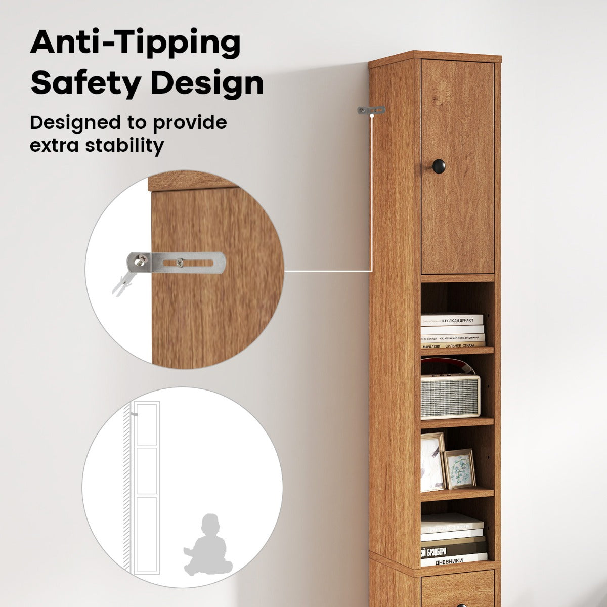 Livsk costway slanke badkamerkast met twee deuren een lade en verstelbare planken naturel 4