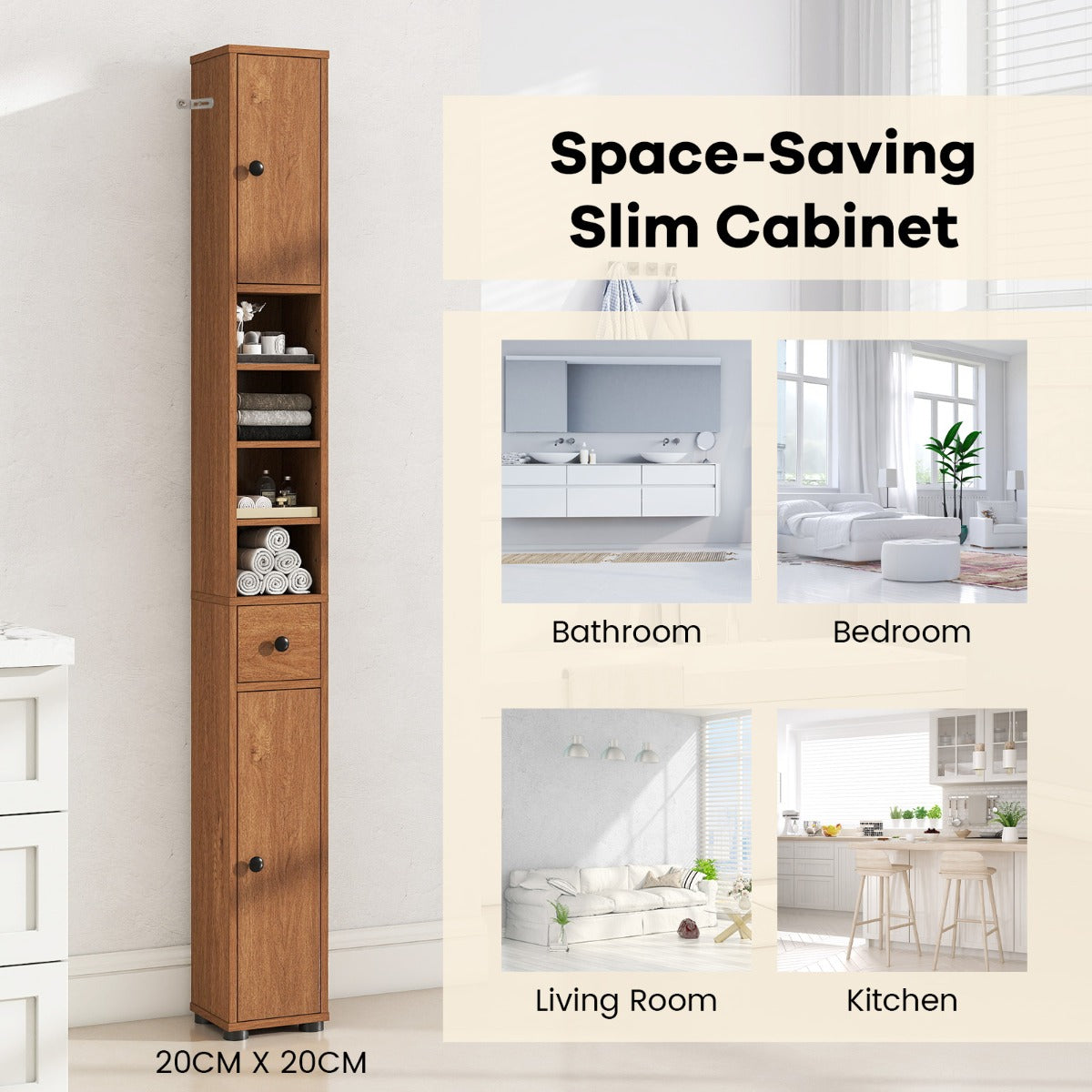 Livsk costway slanke badkamerkast met twee deuren een lade en verstelbare planken naturel 6