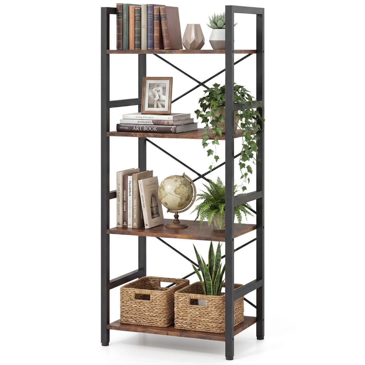 Livsk costway slanke boekenkast vrijstaand meubel met vier niveaus en stevig metalen frame open planken met antislipontwerp bruin