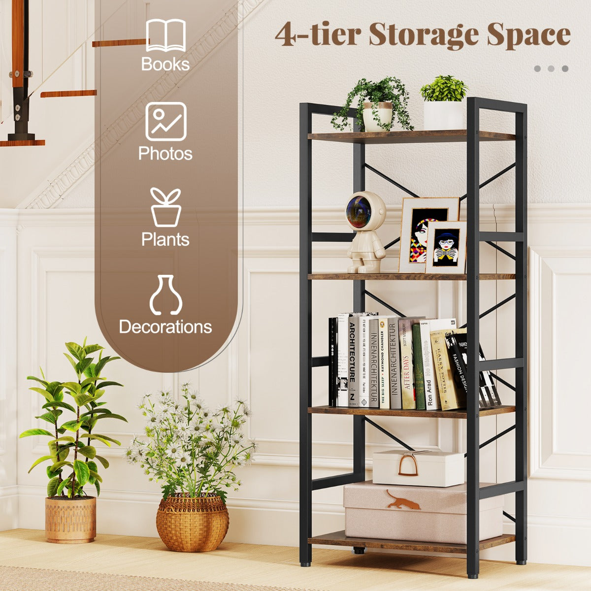 Livsk costway slanke boekenkast vrijstaand meubel met vier niveaus en stevig metalen frame open planken met antislipontwerp bruin