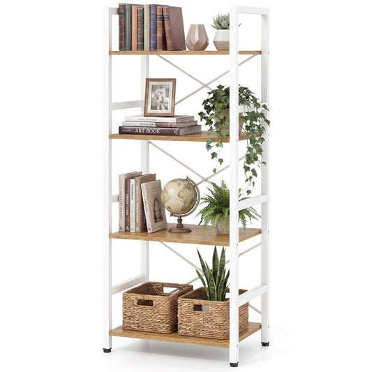 Livsk costway slanke boekenkast vrijstaand meubel met vier niveaus en stevig metalen frame open planken met antislipontwerp wit en naturel