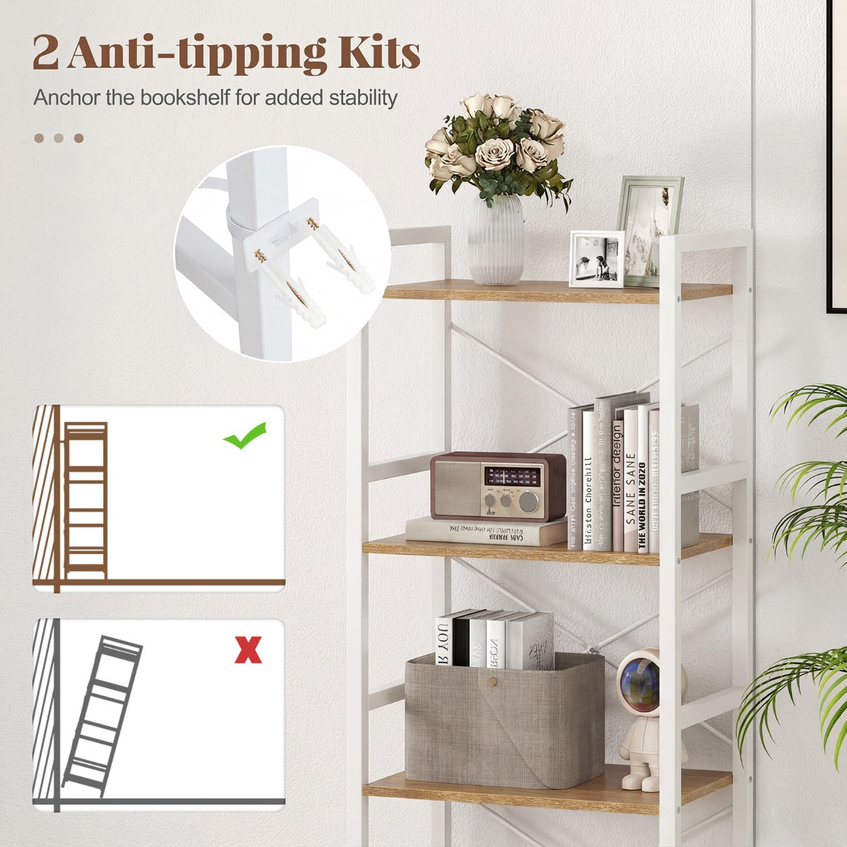 Livsk costway slanke boekenkast vrijstaand meubel met vier niveaus en stevig metalen frame open planken met antislipontwerp wit en naturel