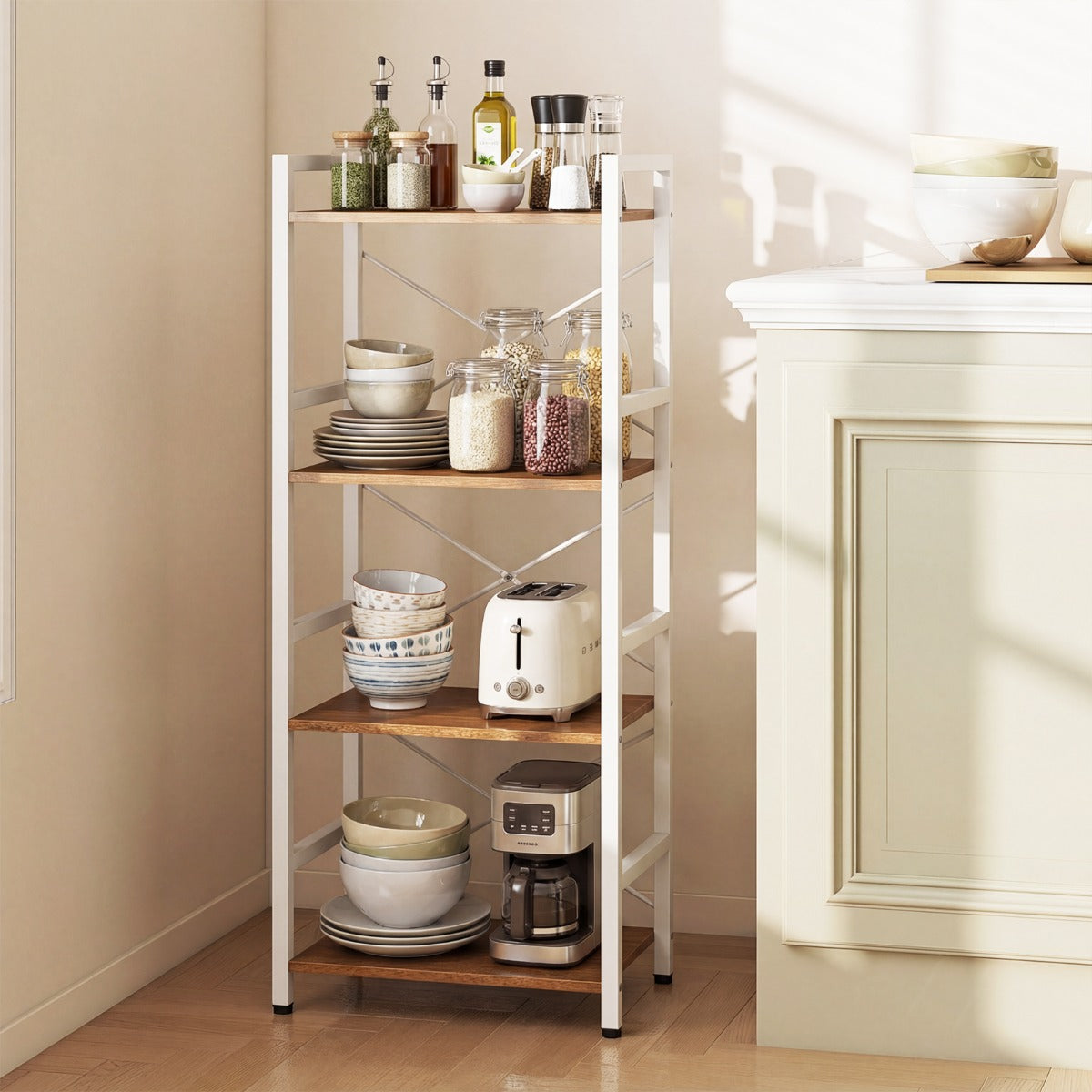 Livsk costway slanke boekenkast vrijstaand meubel met vier niveaus en stevig metalen frame open planken met antislipontwerp wit en naturel