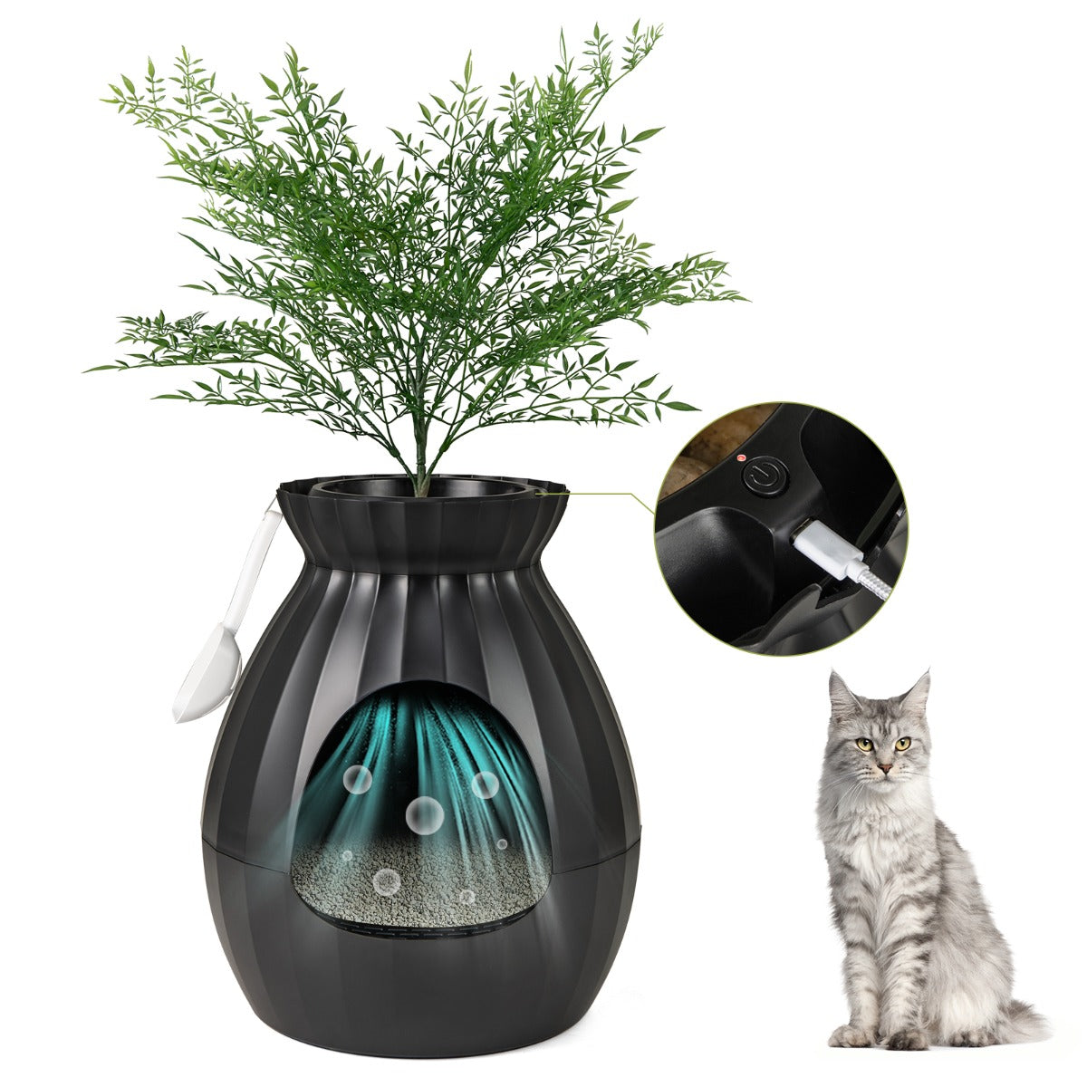 LIVSK Elektronische Kattenbak met Geurbestrijding - Stijlvolle Bloempotvorm - Eenvoudige Installatie - 63 L Inhoud - Zwart + Groen