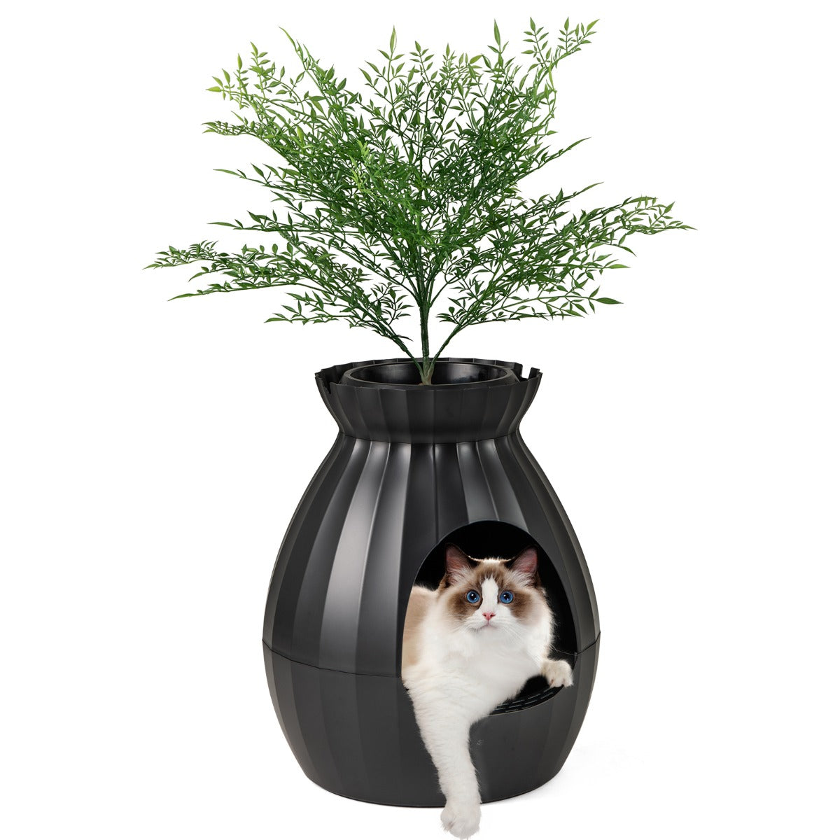 LIVSK Elektronische Kattenbak met Geurbestrijding - Stijlvolle Bloempotvorm - Eenvoudige Installatie - 63 L Inhoud - Zwart + Groen