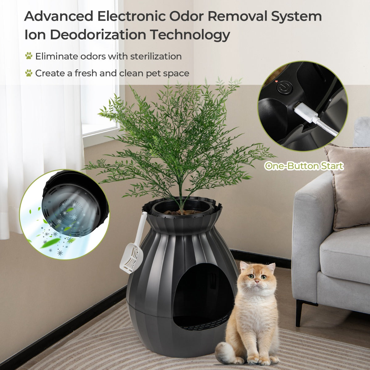 LIVSK Elektronische Kattenbak met Geurbestrijding - Stijlvolle Bloempotvorm - Eenvoudige Installatie - 63 L Inhoud - Zwart + Groen