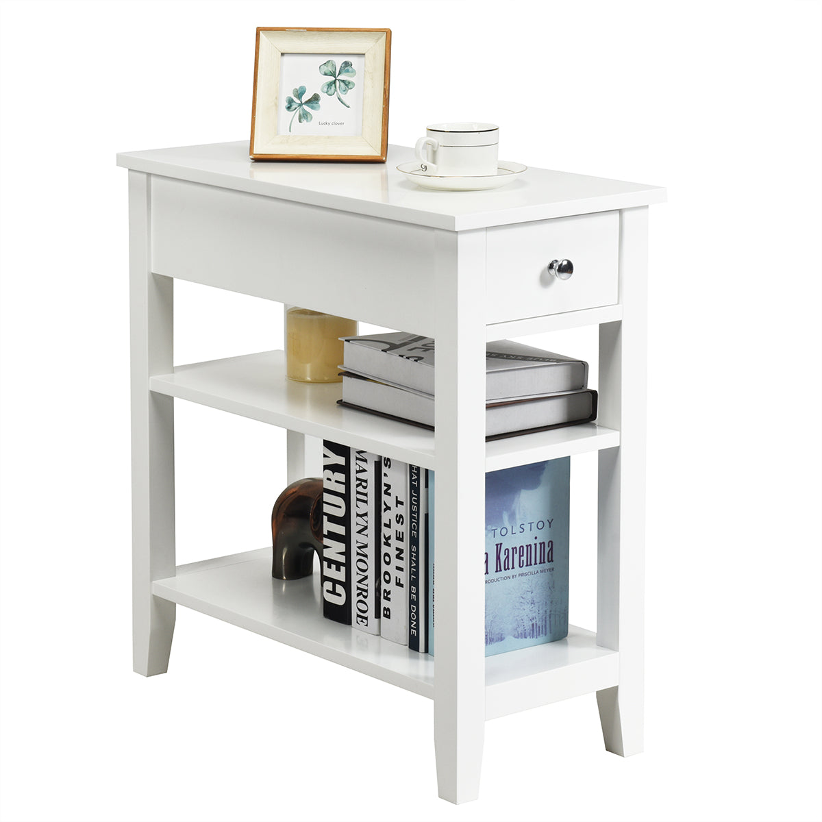 LIVSK Houten Bijzettafel met Lade en Open Opbergrekken - Ruimtebesparend en Multifunctioneel - Stevig MDF - 60 x 28,5 x 61 cm -
