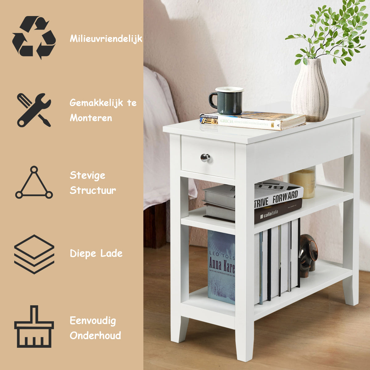 LIVSK Houten Bijzettafel met Lade en Open Opbergrekken - Ruimtebesparend en Multifunctioneel - Stevig MDF - 60 x 28,5 x 61 cm -