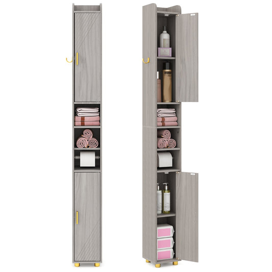 LIVSK Hoge Badkamerkast met Toiletpapierhouder - Verstelbare Planken - Ruimtebesparend Design - 20 x 20 x 179 cm - Grijs