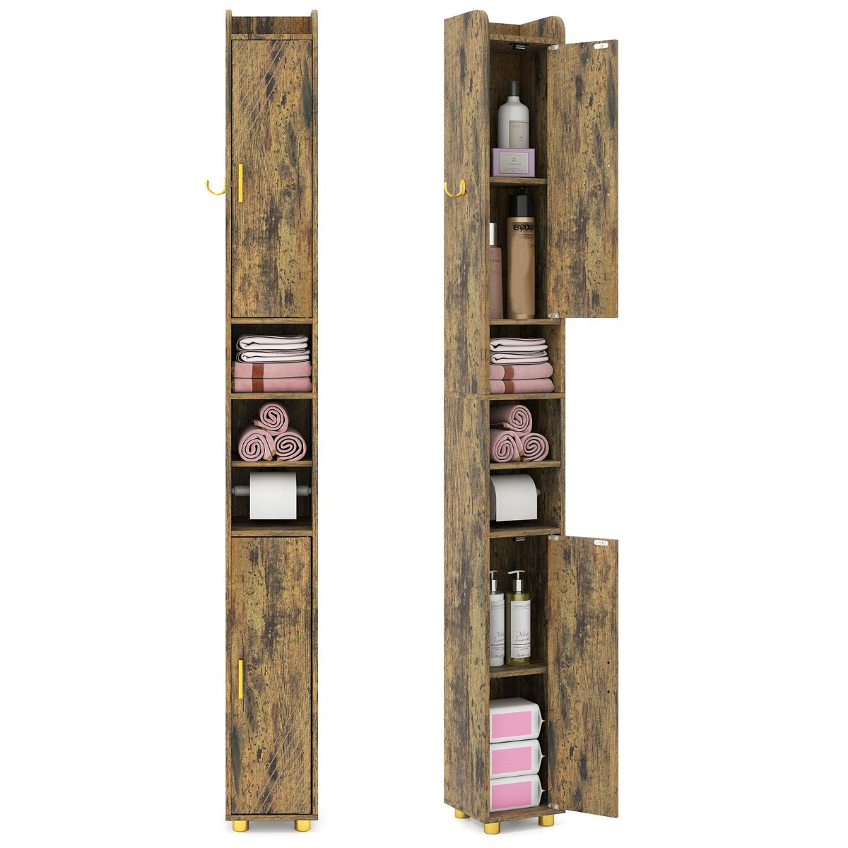 LIVSK Hoge Badkamerkast - Toiletpapierhouder - Verstelbare Planken - Ruimtebesparend - 20 x 20 x 179 cm - Vintage