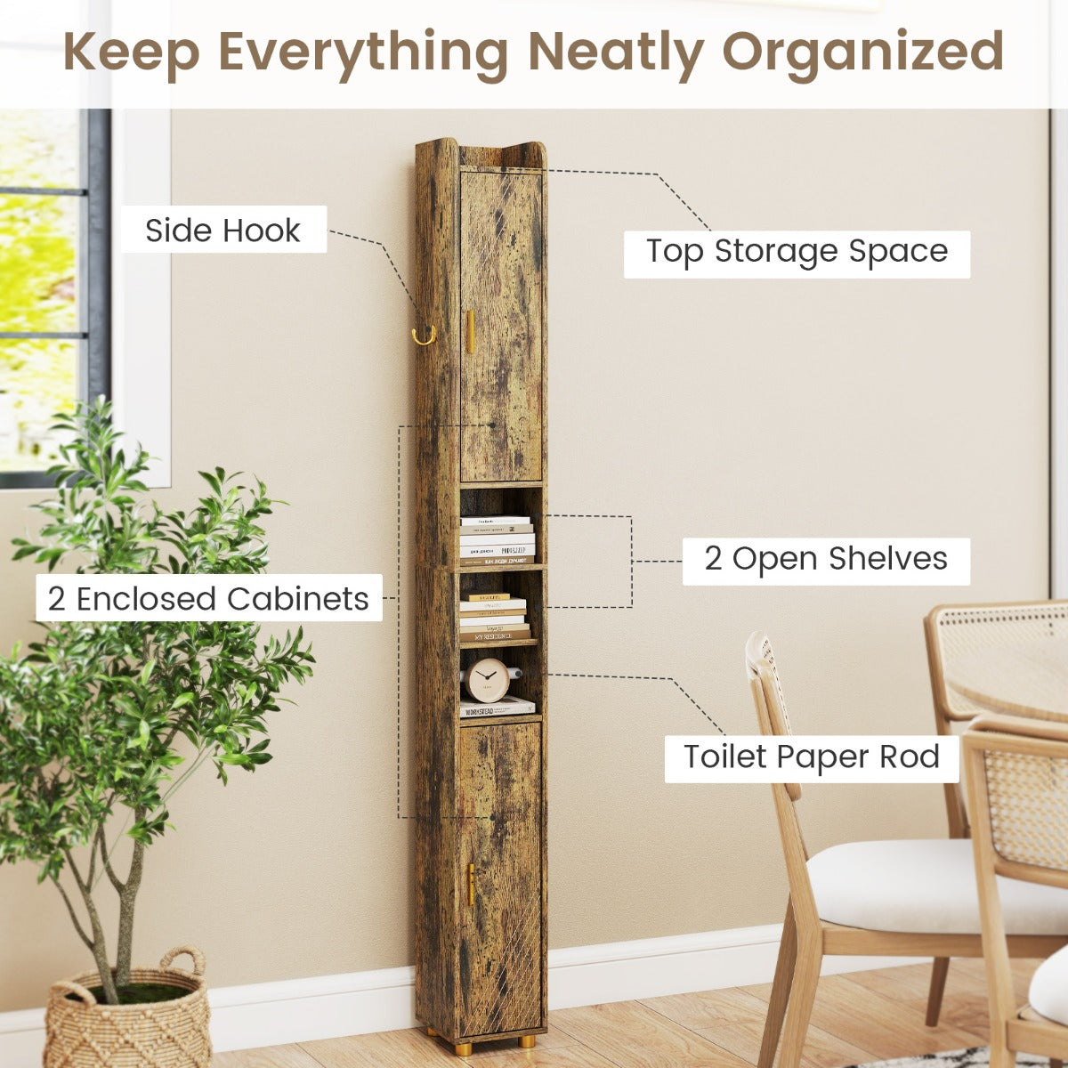 LIVSK Hoge Badkamerkast - Toiletpapierhouder - Verstelbare Planken - Ruimtebesparend - 20 x 20 x 179 cm - Vintage
