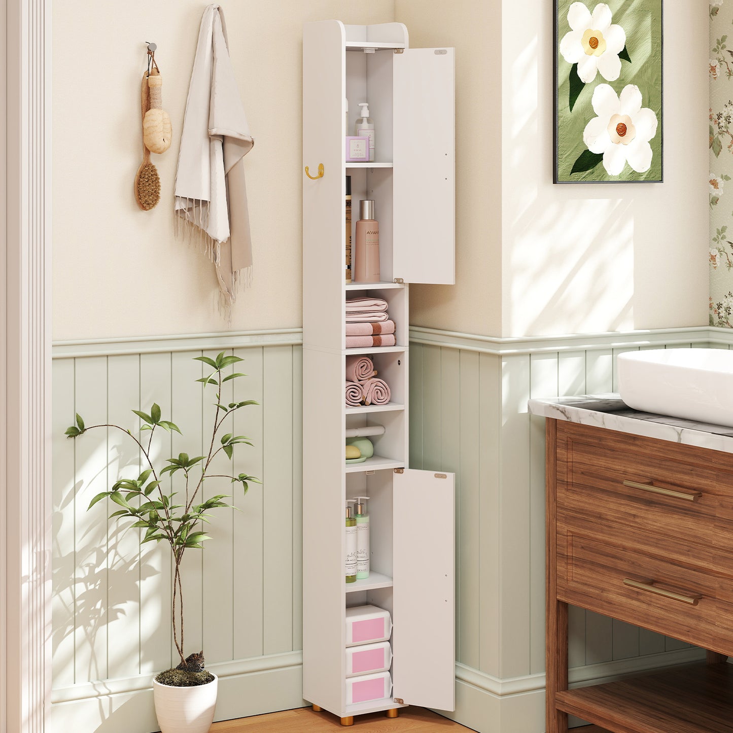 LIVSK Hoge Badkamerkast - Ruimtebesparend met Verstelbare Planken - Toiletpapierhouder - Slank Design - 20 x 20 x 179 cm - Wit