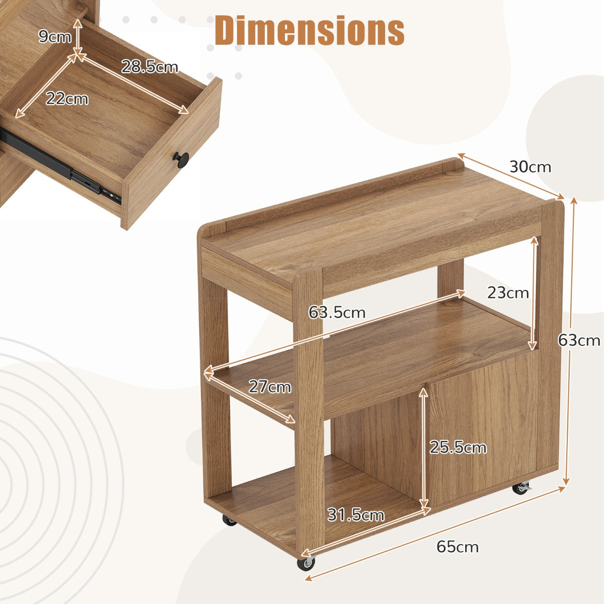 LIVSK Bijzettafel op Wielen - 3 Niveaus, 2 Lades, Vergrendelbaar - Duurzaam en Stijlvol - 65 x 30 x 63 cm - Naturel/Wit