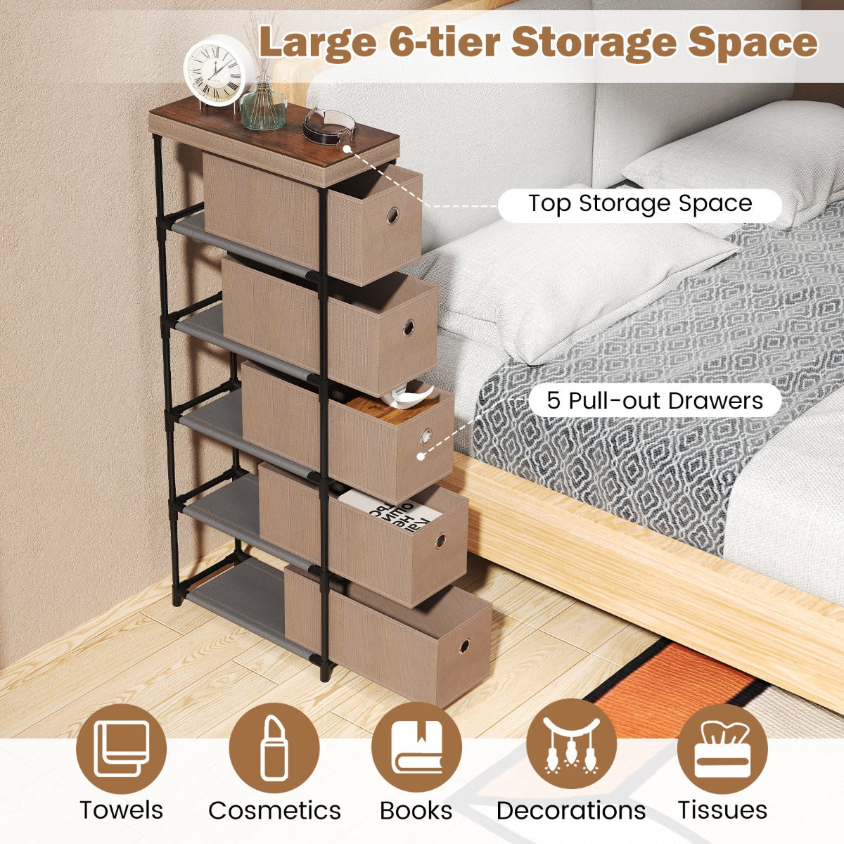 LIVSK Ladekast met 5 Opvouwbare Lades - Stevig Metalen Frame - Kantelbescherming - Ideaal voor Kleine Ruimtes - Bruin