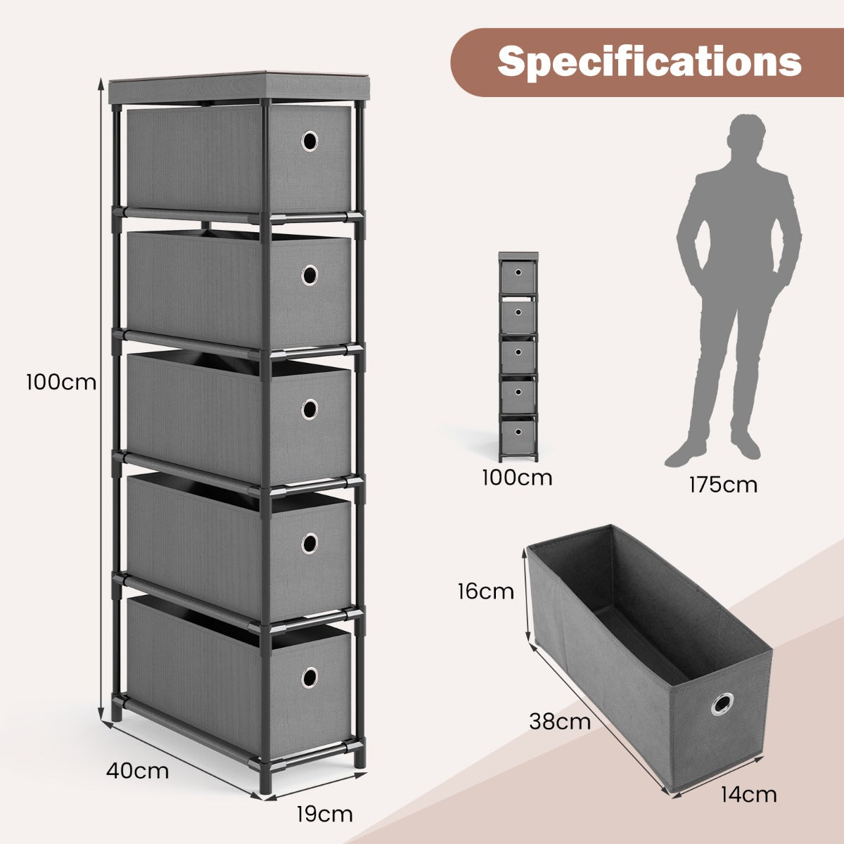 LIVSK Smalle Kledingorganizer - 5 Opvouwbare Lades - Stabiele Metalen Constructie - Ideaal voor Kleine Ruimtes - Grijs