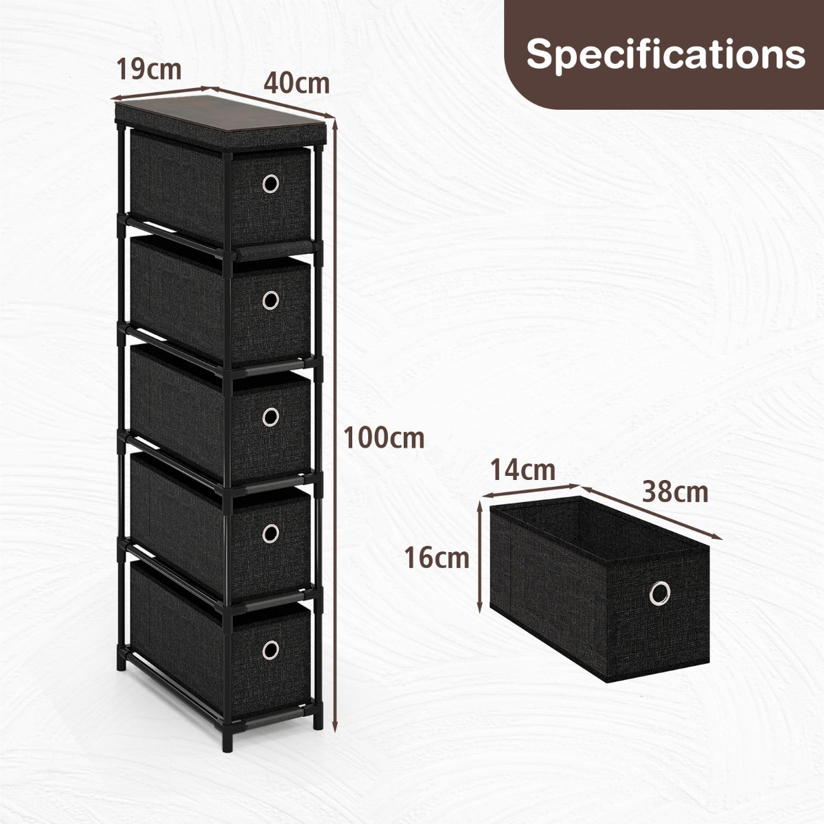 Livsk costway smalle commode met 5 lades metalen frame houten blad opbergtoren kledingorganizer zwart 2 2