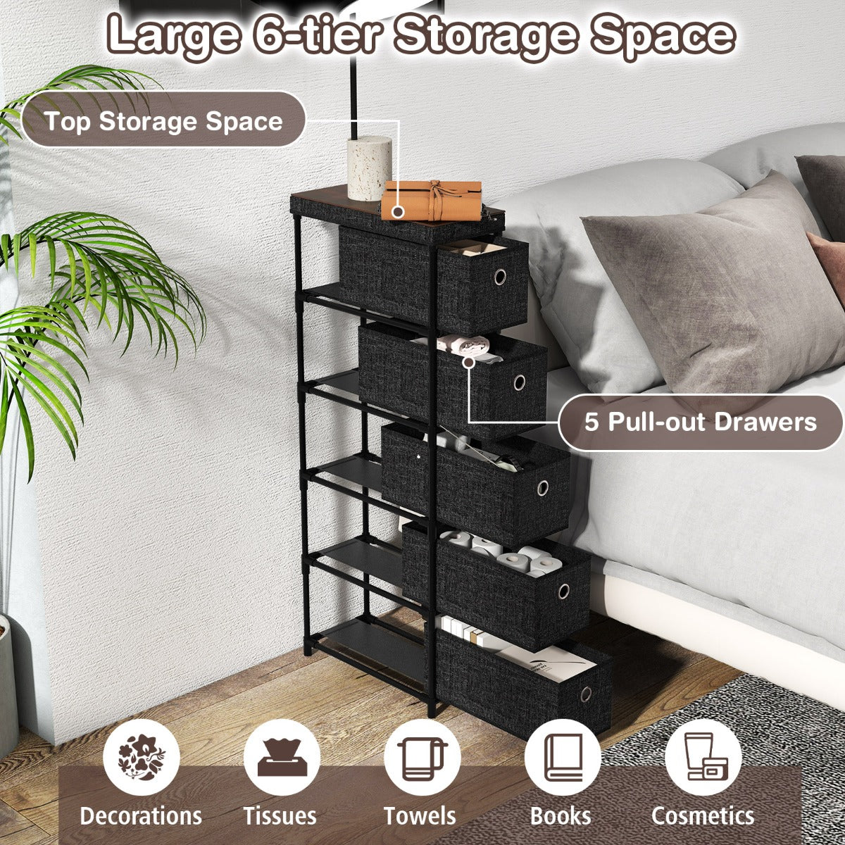 Livsk costway smalle commode met 5 lades metalen frame houten blad opbergtoren kledingorganizer zwart 3 2