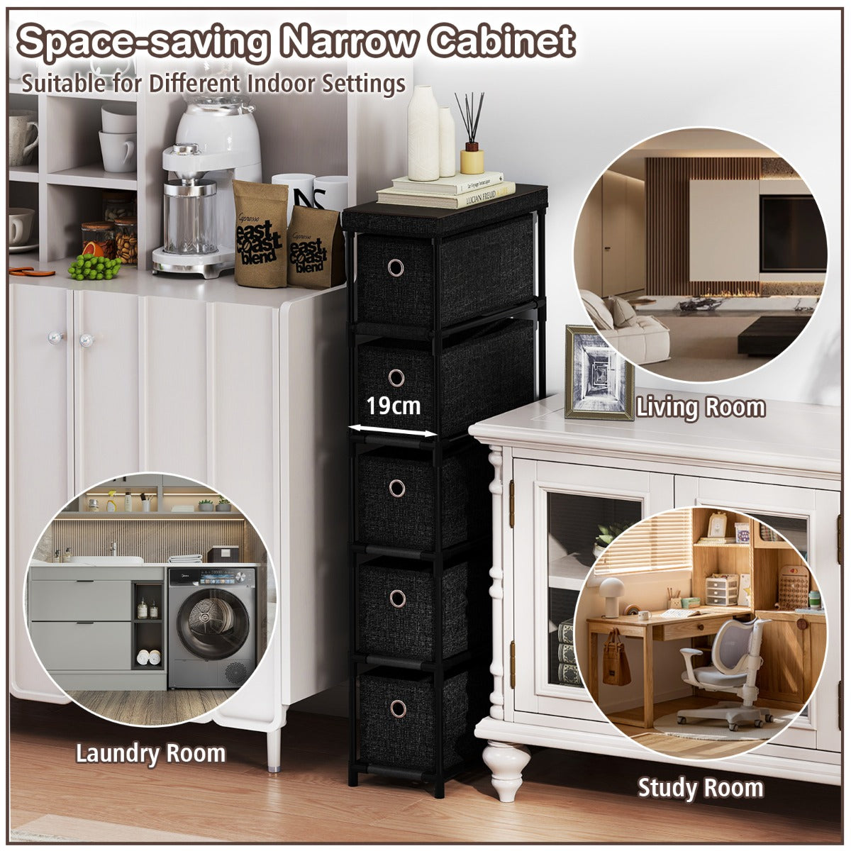 Livsk costway smalle commode met 5 lades metalen frame houten blad opbergtoren kledingorganizer zwart 4 2