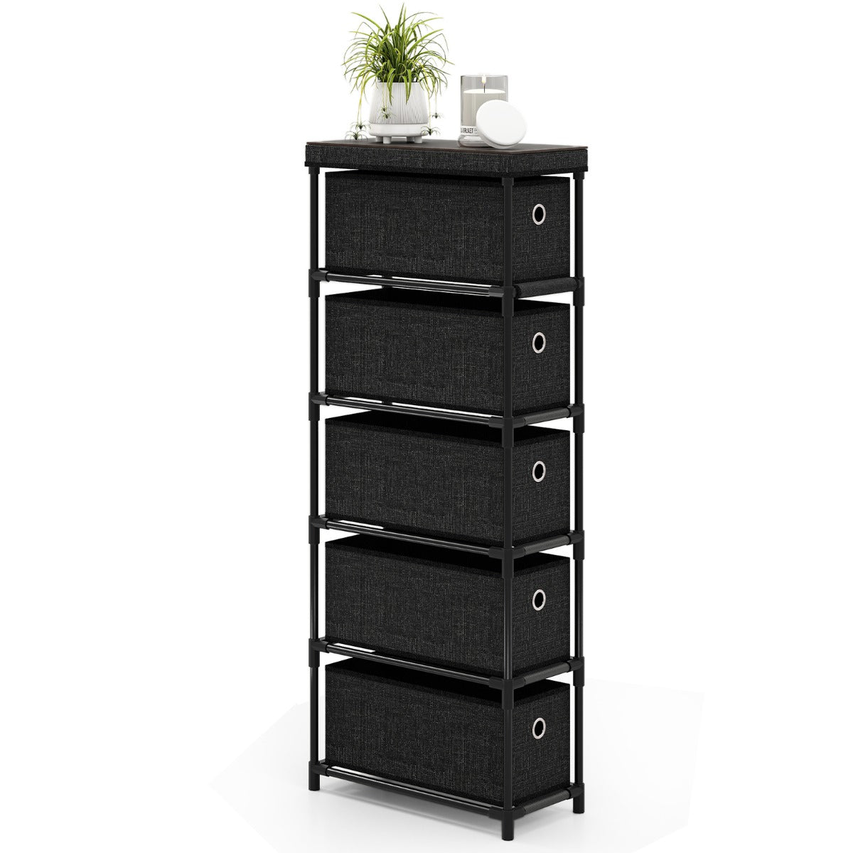 Livsk costway smalle commode met 5 lades metalen frame houten blad opbergtoren kledingorganizer zwart 2