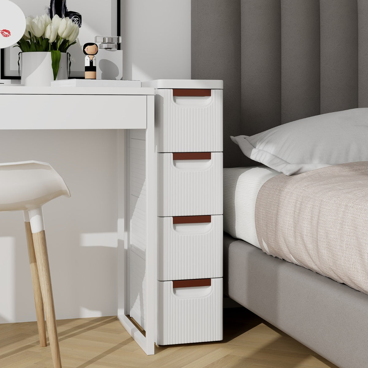 LIVSK Opbergtrolley met 4 Lades - Ingebouwde Wielen - Vuil- en Waterafstotend - Eenvoudige Montage - 42 x 19 x 74 cm - Wit