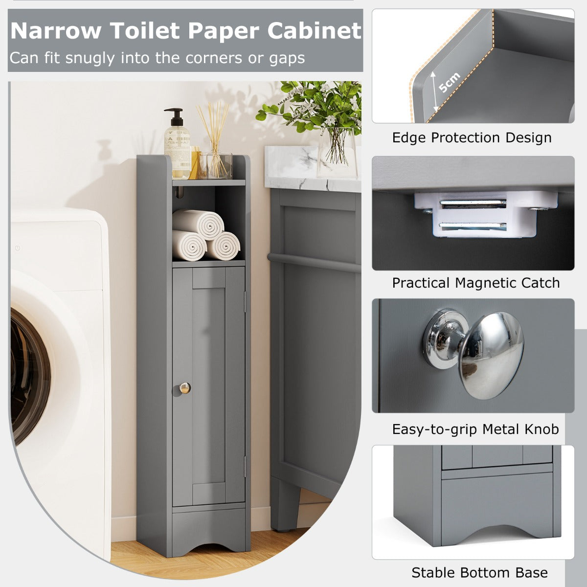 LIVSK Toiletpapierkast met Verstelbare Planken - Smal Design voor Nauwe Hoeken - Stabiel en Veilig - Grijs