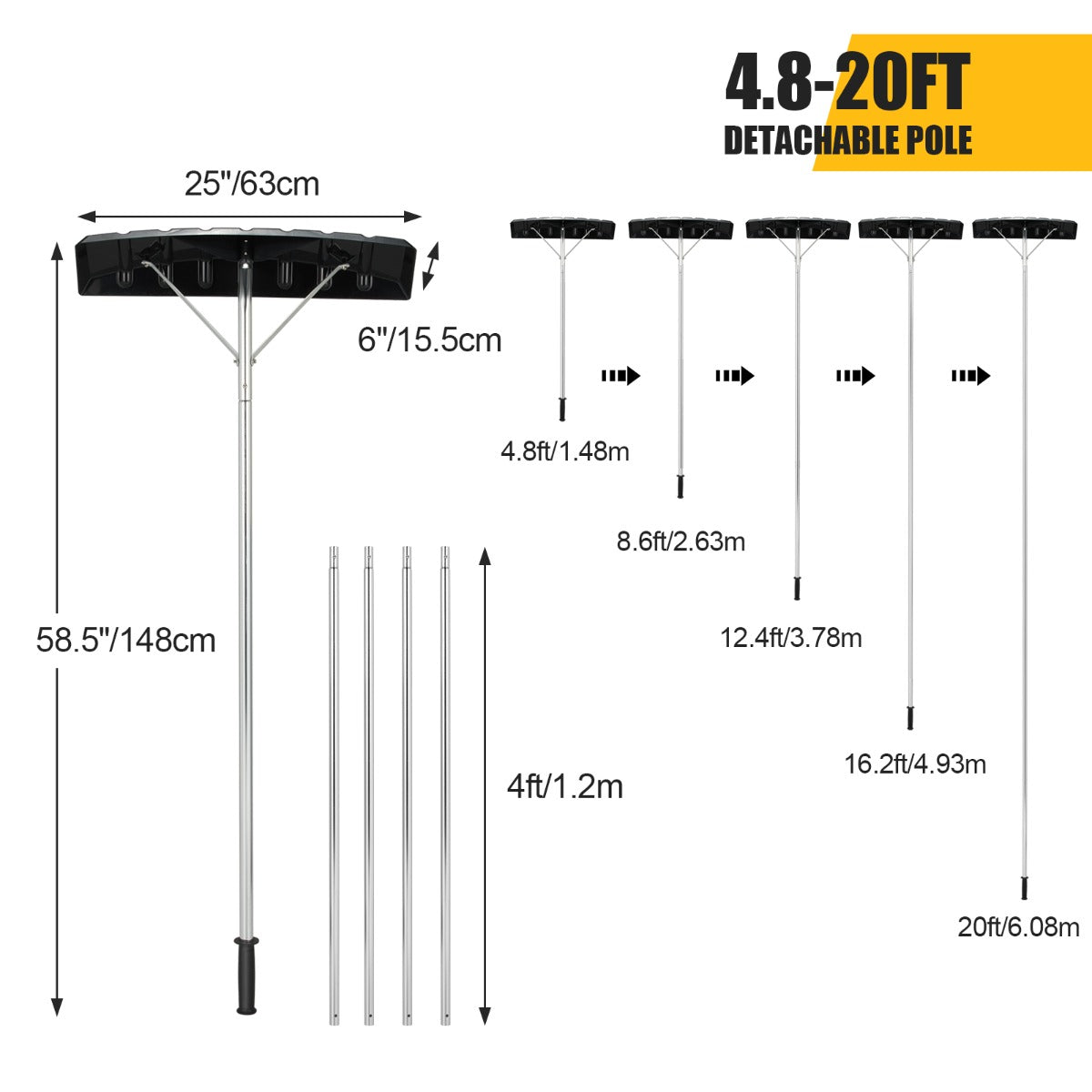 LIVSK Uitschuifbare Sneeuwdakhark - Lichtgewicht Aluminium - Instelbare Lengte 148-608 cm - Breed Blad 63 x 15,5 cm - Zwart +
