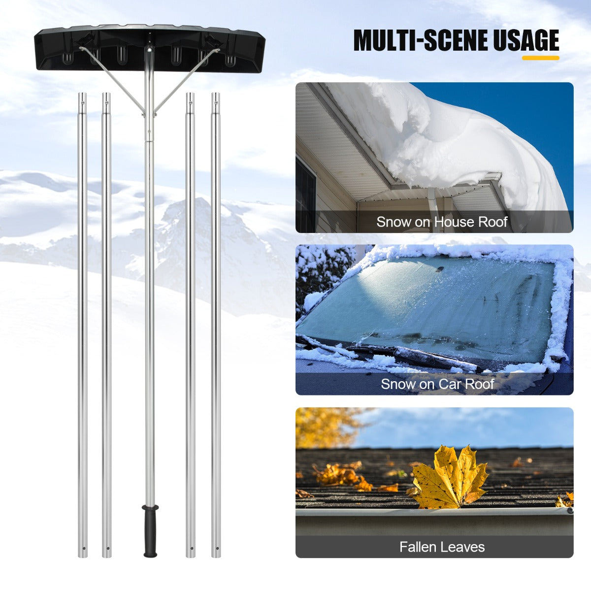 LIVSK Uitschuifbare Sneeuwdakhark - Lichtgewicht Aluminium - Instelbare Lengte 148-608 cm - Breed Blad 63 x 15,5 cm - Zwart +