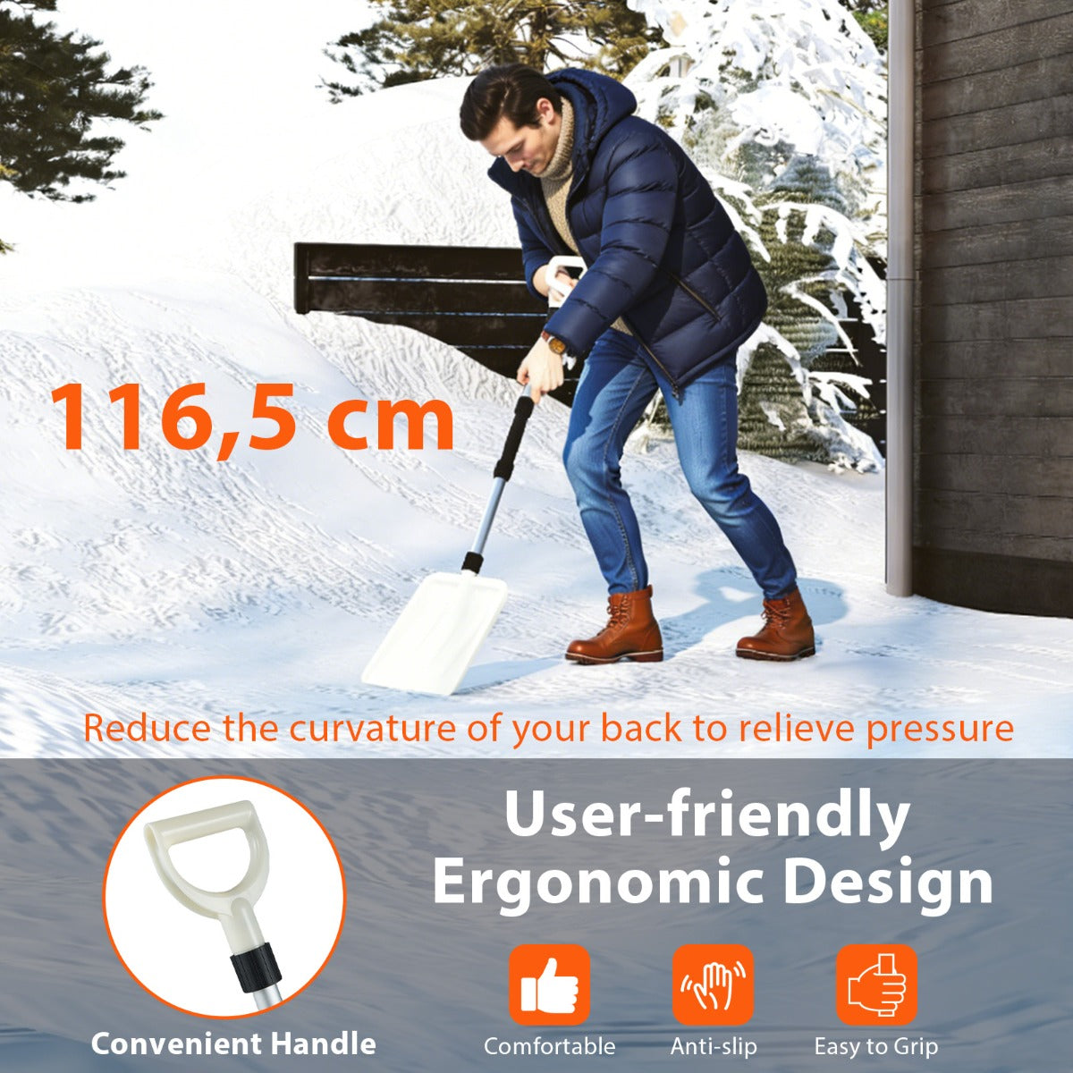 Livsk costway sneeuwschuiver 26 cm breed lichte sneeuwschuiver met ergonomische handgreep en robuuste aluminium steel wit 3