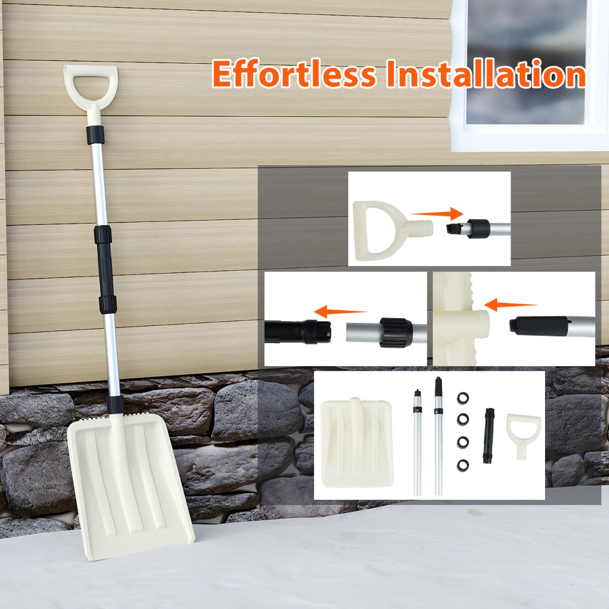 Livsk costway sneeuwschuiver 26 cm breed lichte sneeuwschuiver met ergonomische handgreep en robuuste aluminium steel wit 5