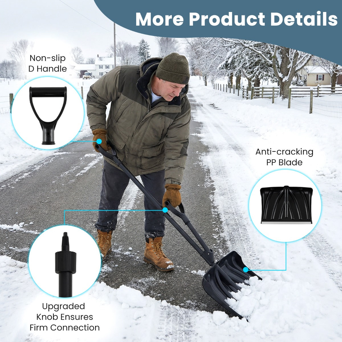 Livsk costway sneeuwschuiver met extra handgreep 135 cm lang lichtgewicht sneeuwruimen met 45 cm breed blad d handgreep aluminium beschermstrip 4