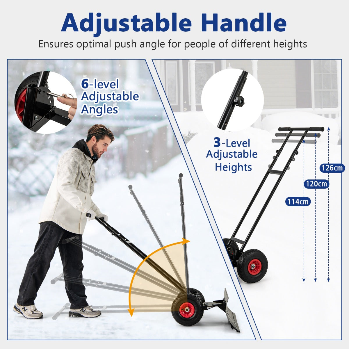 LIVSK Sneeuwschuiver met Wielen - 91,5 cm Breed Blad - Ergonomische Handgreep met Verstelbare Hoogtes - Zwart