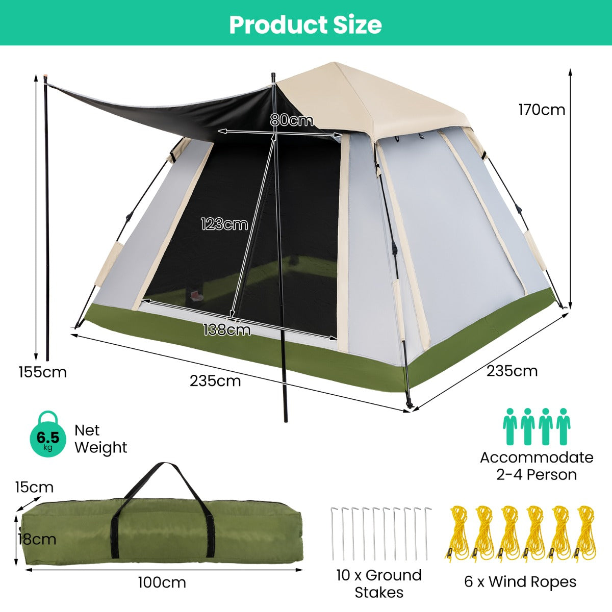 Livsk costway snel op te zetten pop up tent met afneembare luifel twee gaasramen en twee deuren met ritssluiting inclusief draagtas 2