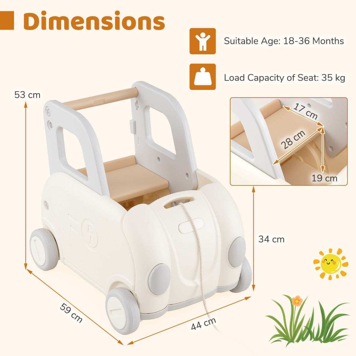 LIVSK Kinderloopwagen - Opvouwbare Zitting - Trekkoord 70 cm - Veilig HDPE - Voor 18-36 maanden - Wit