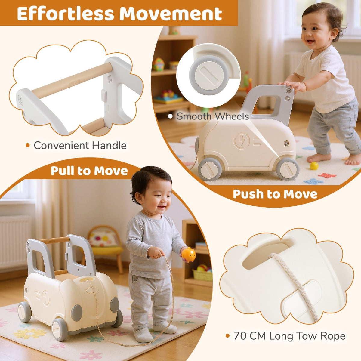 LIVSK Kinderloopwagen - Opvouwbare Zitting - Trekkoord 70 cm - Veilig HDPE - Voor 18-36 maanden - Wit