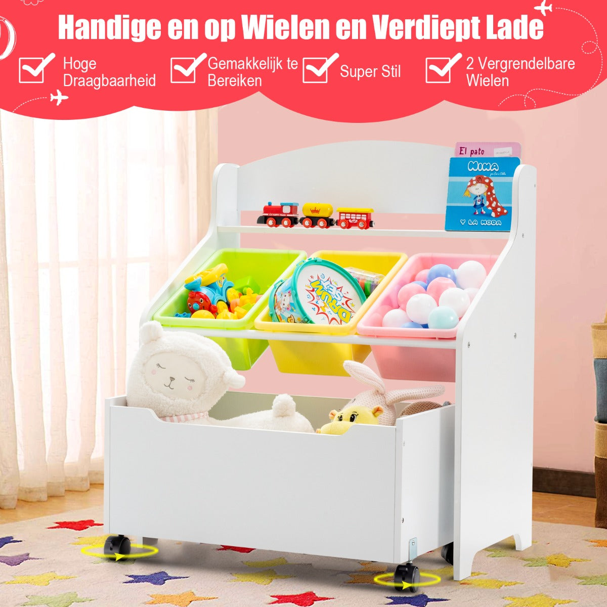 LIVSK Speelgoedkastje met Wieltjes - Ruime Opbergruimte - Kindvriendelijk Design - Milieuvriendelijk MDF - 63,5 x 38 x 76,5 cm -