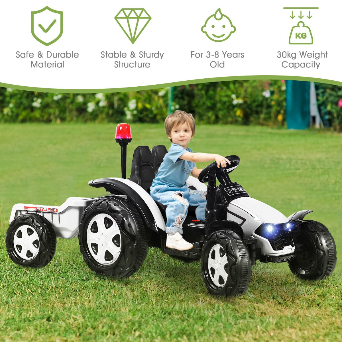 LIVSK Speelgoedtractor met Aanhangwagen - 12V - Muziekspeler - Veiligheidsgordel - Eenvoudig te Monteren - Wit