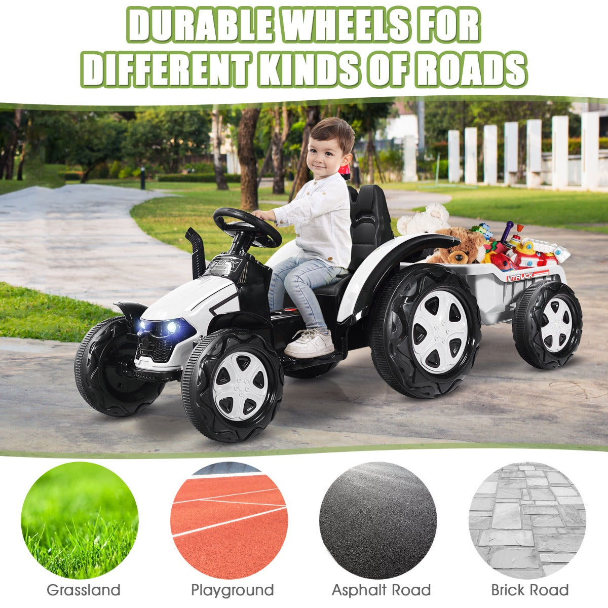 LIVSK Speelgoedtractor met Aanhangwagen - 12V - Muziekspeler - Veiligheidsgordel - Eenvoudig te Monteren - Wit