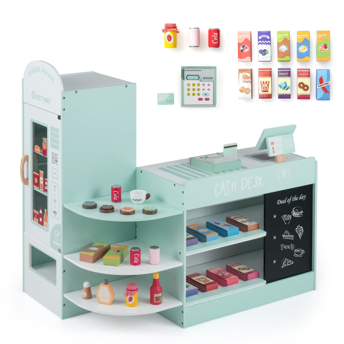 Livsk costway speelgoedwinkel voor kinderen van 3 tot 8 jaar met een breed assortiment aan accessoires groen 1 1