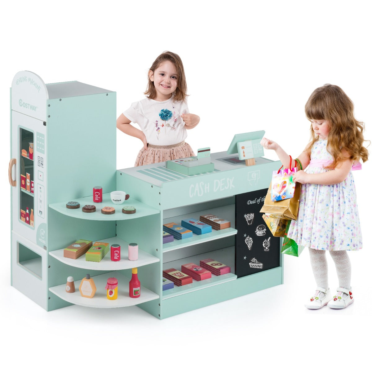 Livsk costway speelgoedwinkel voor kinderen van 3 tot 8 jaar met een breed assortiment aan accessoires groen
