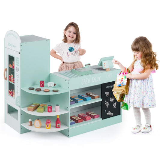 Livsk costway speelgoedwinkel voor kinderen van 3 tot 8 jaar met een breed assortiment aan accessoires groen