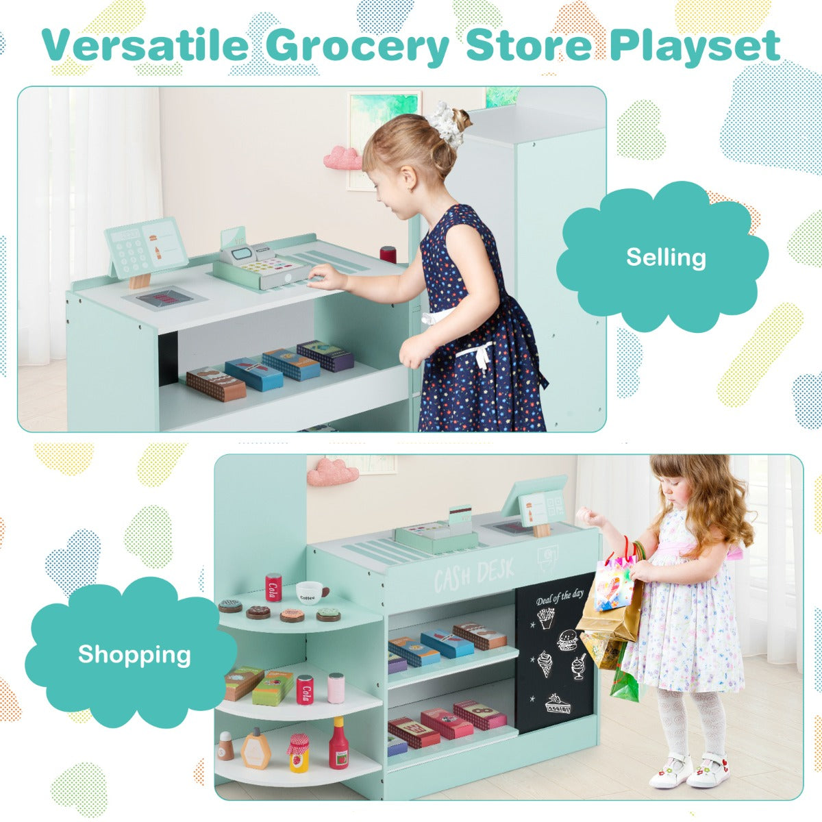 Livsk costway speelgoedwinkel voor kinderen van 3 tot 8 jaar met een breed assortiment aan accessoires groen 5