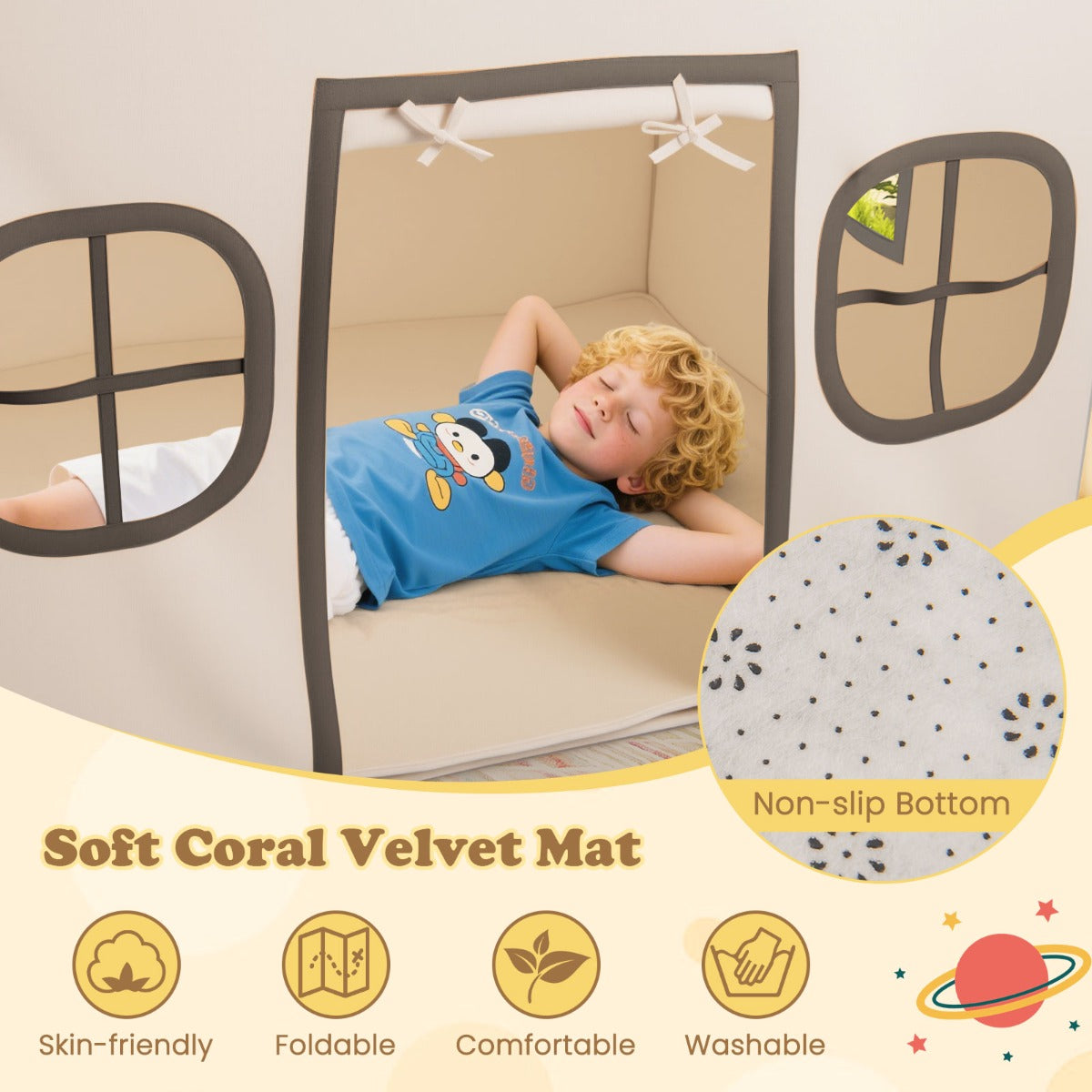 LIVSK Kinderspeeltent - Ruimte voor 3 Kinderen - Zachte Koraalpluche Mat - Ventilatieramen - Sterrenlamp - 120 x 101 x 143 cm -