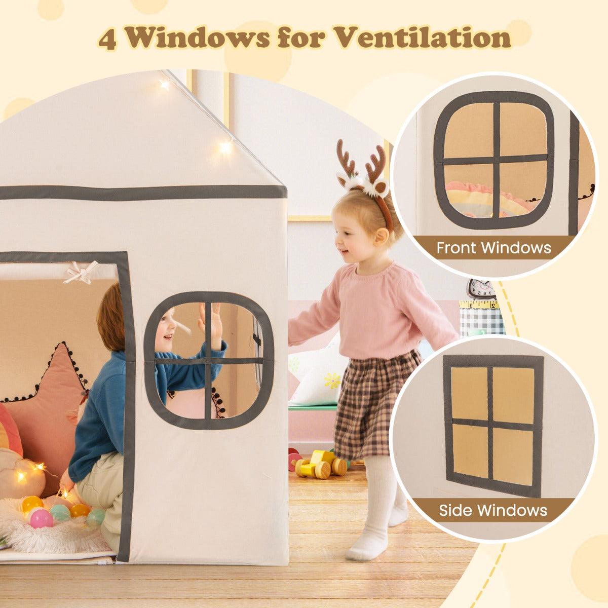 LIVSK Kinderspeeltent - Ruimte voor 3 Kinderen - Zachte Koraalpluche Mat - Ventilatieramen - Sterrenlamp - 120 x 101 x 143 cm -