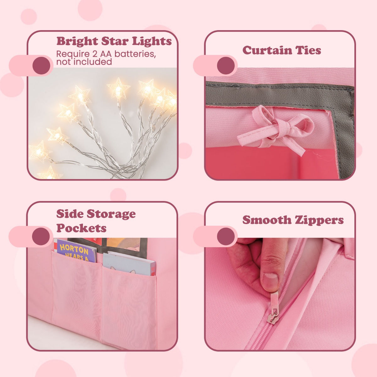 LIVSK Kinderspeeltent - Ruimte voor 3 Kinderen - Zachte Koraalpluche Mat - Duurzame PVC-Buizen - Met Sterrenlichten - Roze