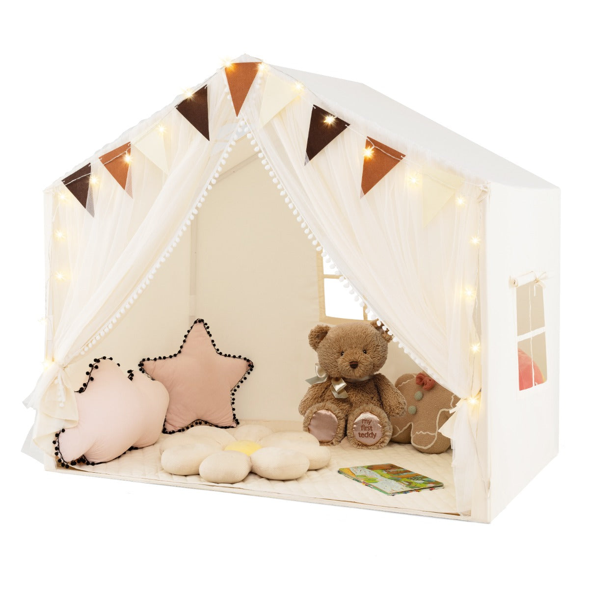 LIVSK Kindvriendelijke Speeltent - Voor 3-4 Kinderen - Inclusief Sterrenlichten en Vlaggetjes - Comfortabele Mat - Beige
