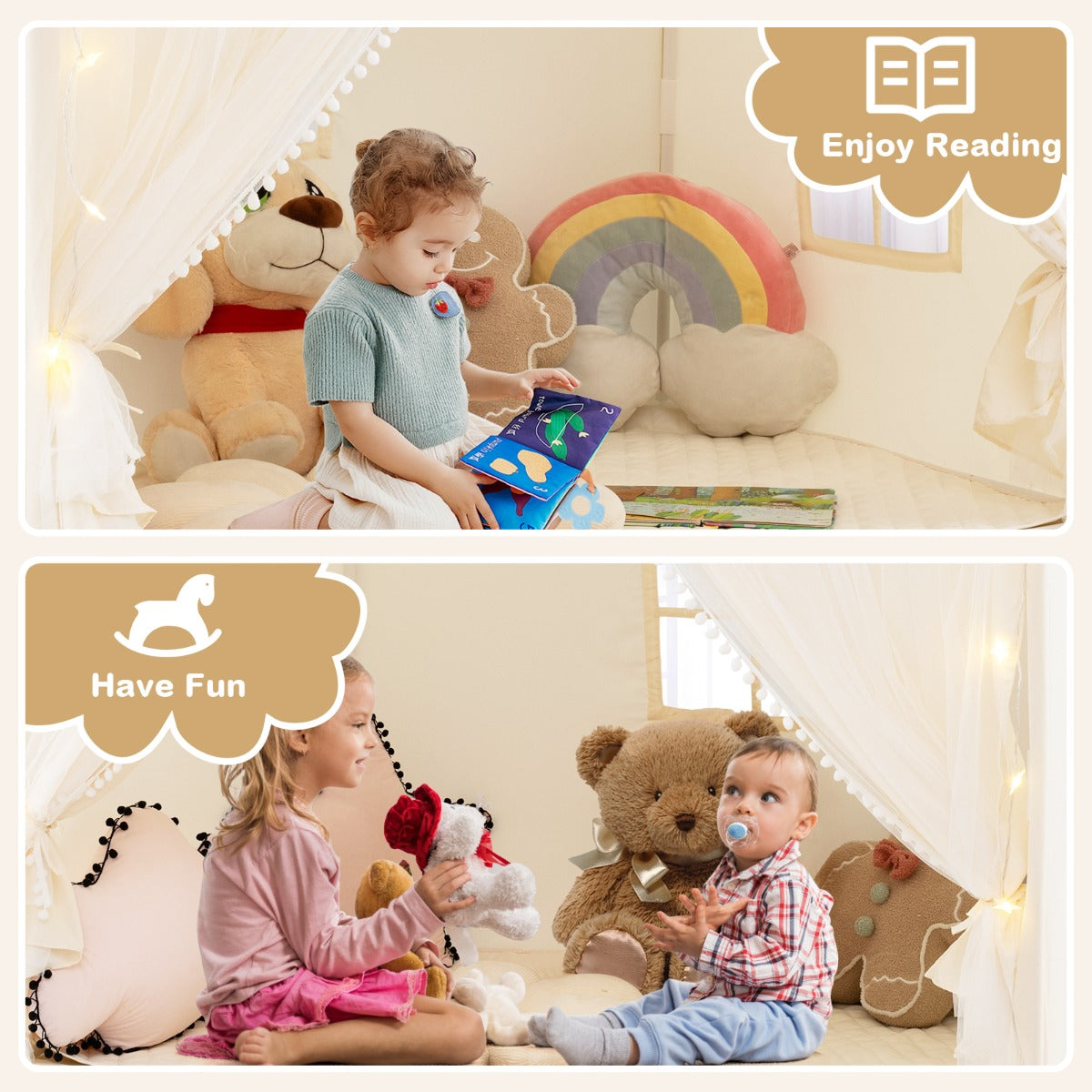 LIVSK Kindvriendelijke Speeltent - Voor 3-4 Kinderen - Inclusief Sterrenlichten en Vlaggetjes - Comfortabele Mat - Beige